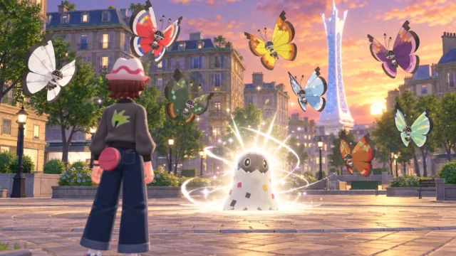 Spewpa evoluciona en Ciudad Luminalia, rodeado de distintos motivos de Vivillon, con la Torre Prisma iluminada al fondo.