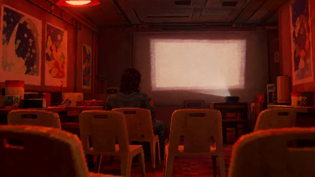 Mouthwashing movie illustration of the Tulpar's red-lit, low-poly mess hall turned cinema, with empty chairs and one crew member