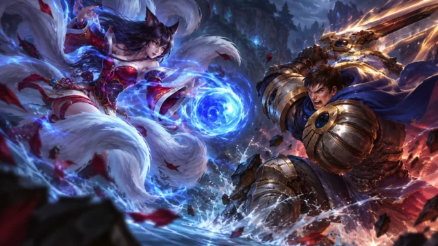Imagen de Ahri lanzando un orbe azul contra Garen en la Grieta del Invocador de League of Legends, Movistar KOI Worlds 2026
