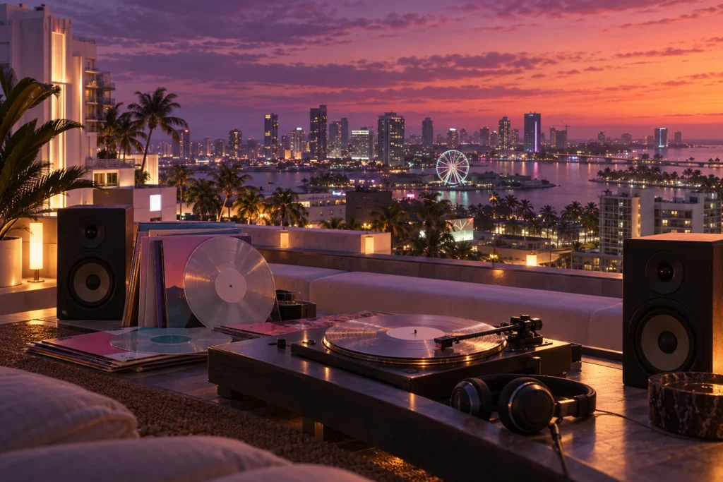 Música adaptativa GTA 6: tocadiscos con vinilo transparente en una azotea de Vice City al atardecer