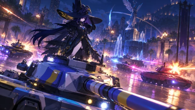 NTE 1.5 update character in a witch hat standing on a blue-and-white tank during a neon-lit nighttime battle.