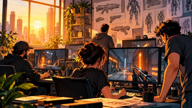 Ilustración del nuevo shooter de Romero con un pequeño equipo de desarrollo y monitores que muestran un FPS futurista