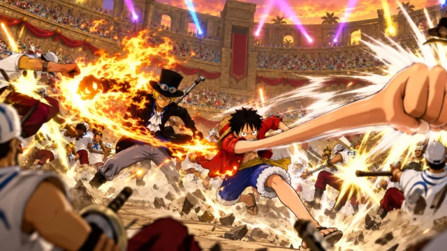 Luffy y Sabo luchan contra la Marina en un coliseo al atardecer, entre ataques de fuego y luces, en One Piece Pirate Warriors 4.