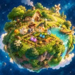 Petit Planet con una pequeña casa flotando en el espacio, huertos y un personaje cuidando cultivos junto a vecinos animales peludos bajo estrellas.
