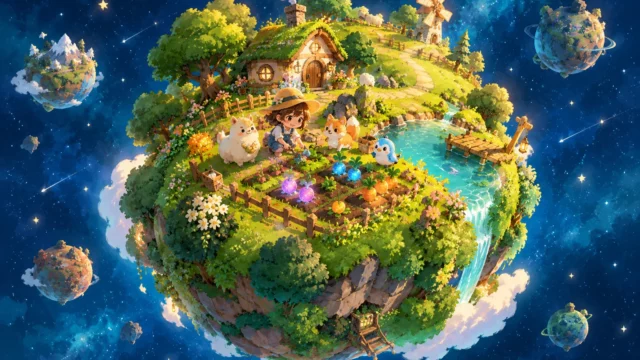 Petit Planet: un hogar galáctico rodeado de huertos y adorables vecinos animales Petit Planet con una pequeña casa flotando en el espacio, huertos y un personaje cuidando cultivos junto a vecinos animales peludos bajo estrellas.