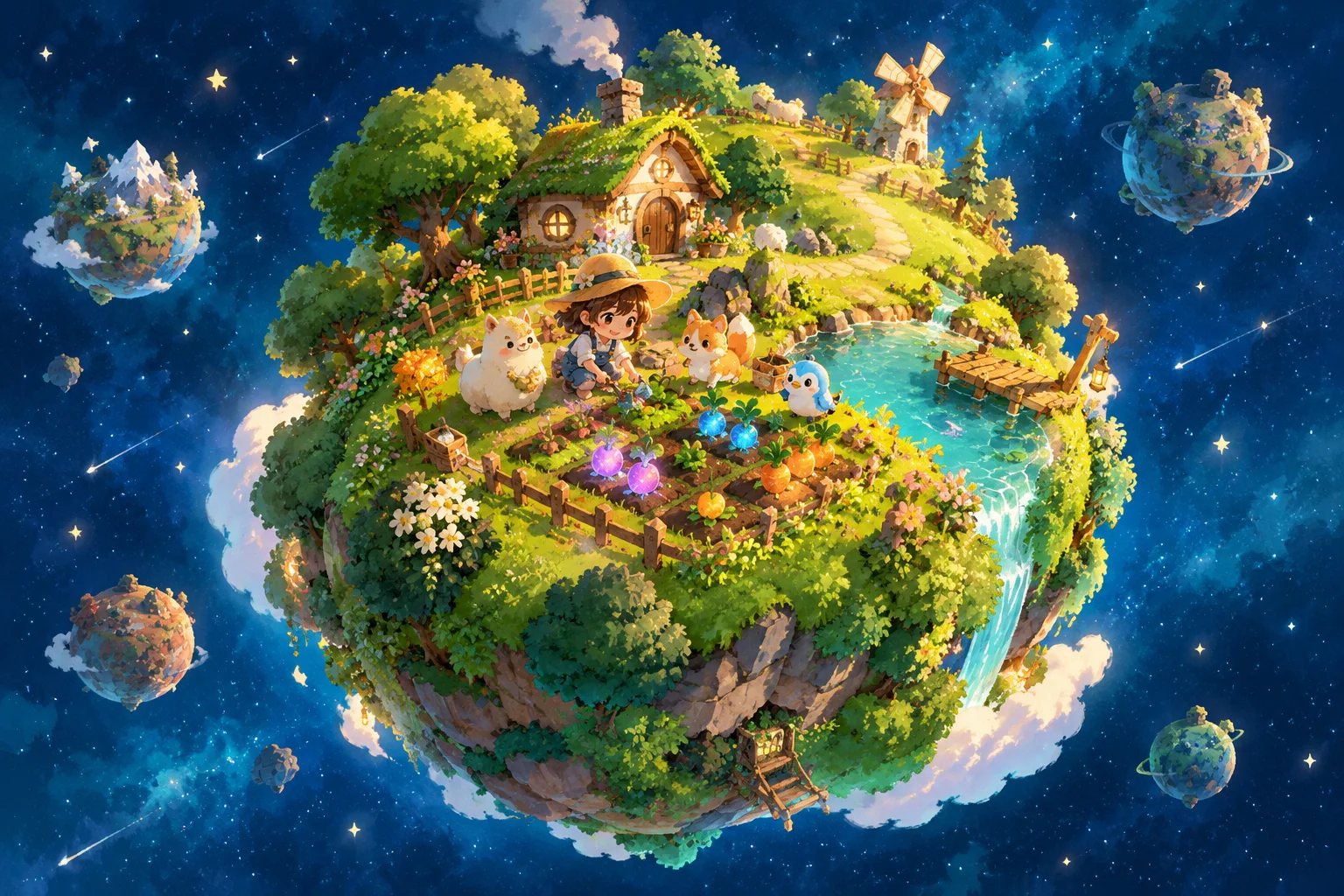 Petit Planet con una pequeña casa flotando en el espacio, huertos y un personaje cuidando cultivos junto a vecinos animales peludos bajo estrellas.