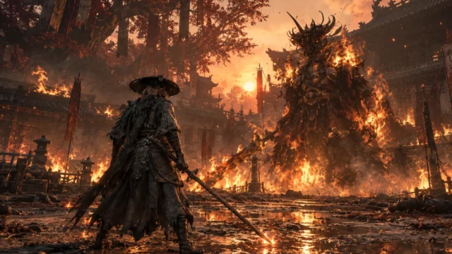 Phantom Blade Zero swordsman in a straw hat faces a flaming horned demon in a burning temple courtyard at sunset