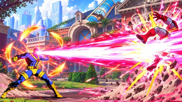 Phoenix Cyclops de Marvel Tokon dispara una ráfaga óptica rosa contra un rival entre escombros y llamas doradas
