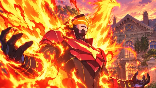 Phoenix Cyclops moveset showing his Dark Phoenix transformation, with fiery wings, glowing visor and X-Mansion behind him