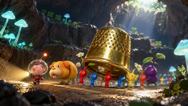 Pikmin 4 Dandori Academy cave with glowing blue mushrooms, Pikmin carrying a golden thimble, Oatchi and an explorer.