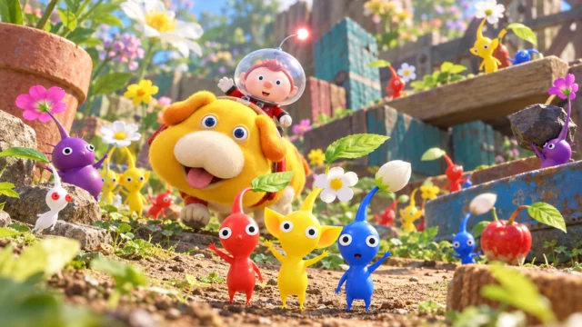 Pikmin 4 Switch 2: Pikmin rojo, amarillo y azul en un jardín soleado con Ochin, un explorador y más Pikmin de colores.