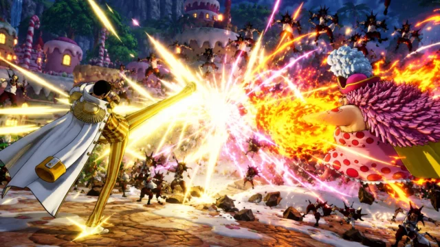 Pirate Warriors 4 DLC battle showing Kizaru's golden kick clashing with Big Mom's fire blast on a candy island at night