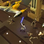 Jedi con sable azul en el hangar de Theed, entre droides derribados y cazas N-1 amarillos, en Star Wars de PS1