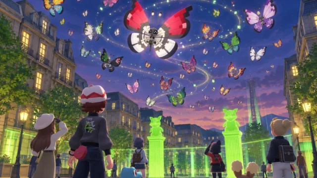 Pokemon Z-A Vivillon patterns fill Lumiose City's dusk sky, with a Poké Ball Pattern Vivillon above Trainers near a Wild Zone.