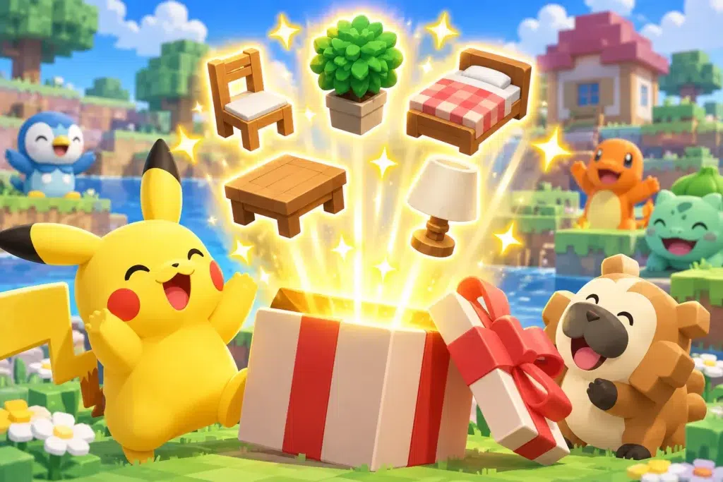 Pokémon Pokopia mostrando los cinco muebles gratis del código de Regalo Misterioso D1VE1NTHESEA