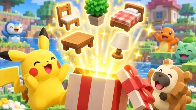 Pokémon Pokopia mostrando los cinco muebles gratis del código de Regalo Misterioso D1VE1NTHESEA