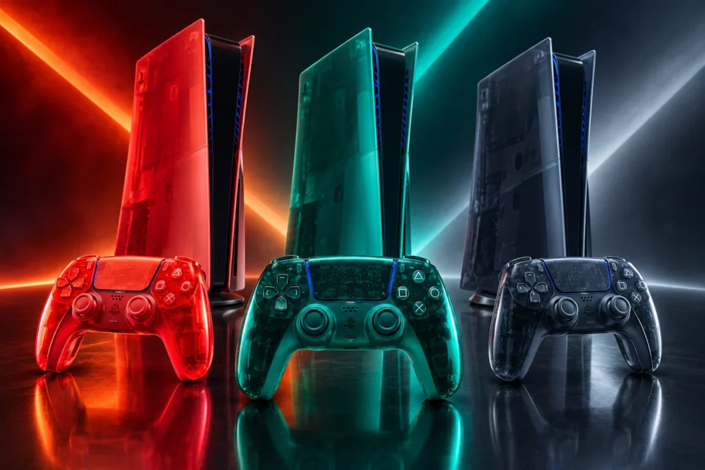 Imagen de Prism Collection PS5 con mandos DualSense y cubiertas transparentes en naranja, verde y gris