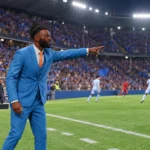 Entrenador dando indicaciones tácticas en Football Manager 27 durante un partido nocturno