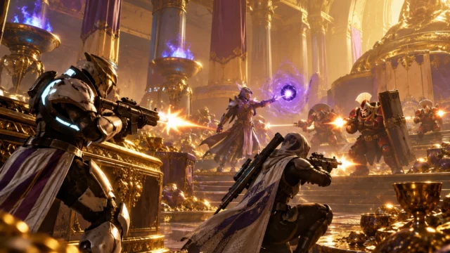 Escena de Destiny 2 con un Titán, una Cazadora y un Hechicero luchando contra soldados Cabal en el salón dorado del Leviatán.