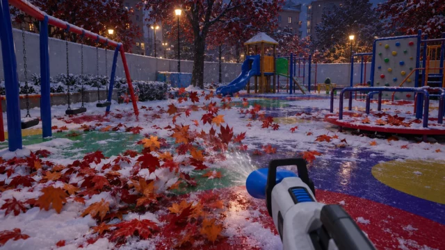 Leaf Blower Co. first-person view of a white and blue leaf blower clearing autumn leaves from a snowy school playground