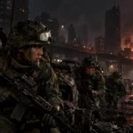 Ilustración de soldados surcoreanos en una ciudad en guerra para el análisis del rendimiento de Modern Warfare 4 en Switch 2.