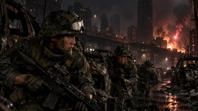Ilustración de soldados surcoreanos en una ciudad en guerra para el análisis del rendimiento de Modern Warfare 4 en Switch 2.