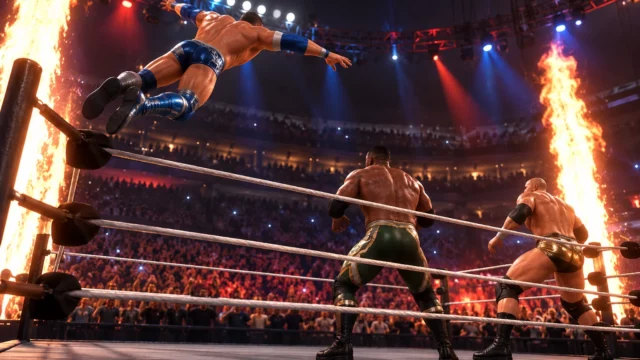 Ringside Pass WWE 2K26: luchador con mallas azules salta desde la tercera cuerda durante un combate por parejas con pirotecnia