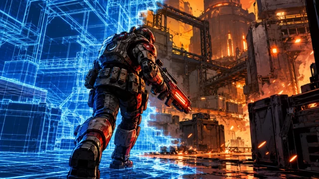 Comic-style Romero Games new shooter art with armored soldier, energy rifle, fiery arena and blue wireframe reconstruction