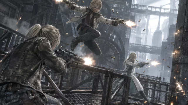Tres mercenarios de Resonance of Fate combaten con pistolas y rifle entre pasarelas, chispas y engranajes de una ciudad industrial.