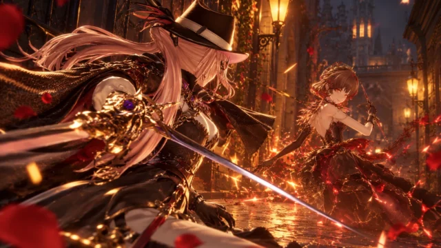 Silver Palace-inspired illustration of a detective sword fighting a woman in red in a gaslit Victorian alley at night