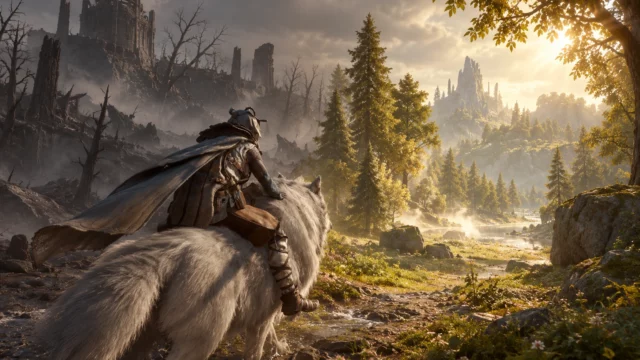 Guerrero de Soulframe alfa abierta cabalgando un lobo blanco entre tierras corrompidas y un bosque purificado