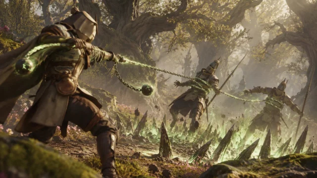 Soulframe open alpha hunter using glowing green bola chains and spike traps against armored soldiers in an ancient forest