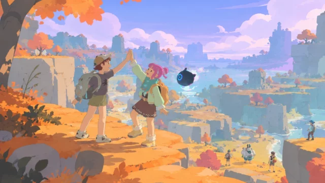 Spirit Crossing multiplayer – Friends high-five above an autumn valley with waterfalls and floating rocks Spirit Crossing multiplayer scene of two players high-fiving on an autumn cliff, with a glowing spirit and waterfall valley