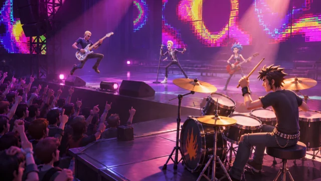 Stage Tour drum kit delay: 3D concert scene with a drummer, jumping guitarist, singer and cheering crowd.