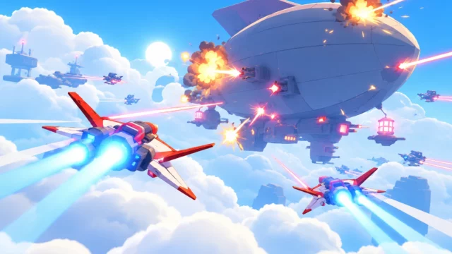 Two white and red fighters attack a giant airship with lasers and explosions in Wild Blue Skies, a Star Fox alternative.