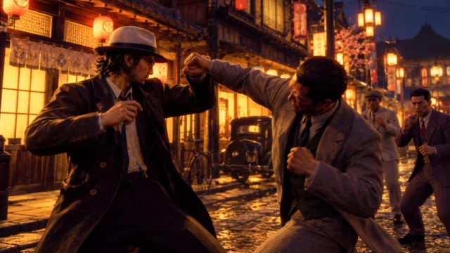 Combate de Stranger Than Heaven: el protagonista bloquea un puñetazo en una calle japonesa nocturna bajo la lluvia.