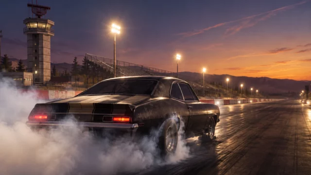 Street Outlaws delisting: black muscle car doing a smoky burnout on an empty drag strip at sunset