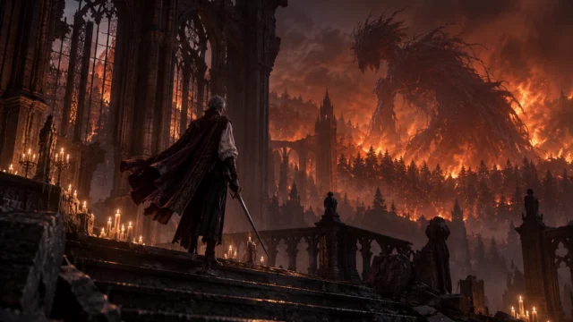 The Duskbloods: cazador con espada ante una criatura monstruosa desde una catedral gótica en ruinas Escena de The Duskbloods Switch 2: cazador vampírico ante una criatura gigante en un bosque en llamas