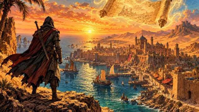 Ilustración de The Elder Scrolls VI Sentinel con un aventurero de capa roja ante una ciudad portuaria y un pergamino dorado flotante