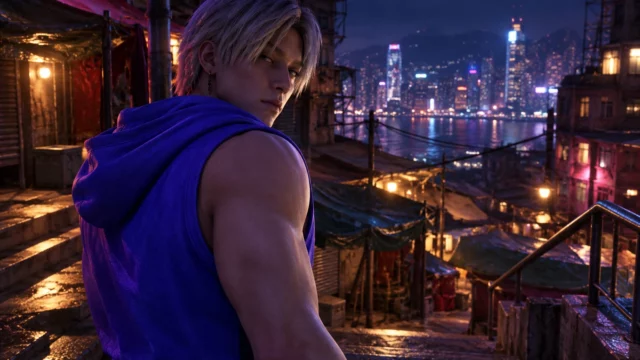 Lionel Rafale in a purple sleeveless hoodie on neon-lit night market stairs in Virtua Fighter Crossroads