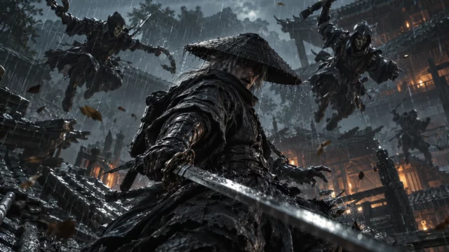 Soul, protagonista de Phantom Blade Zero, grita con la espada desenvainada bajo la lluvia mientras enemigos enmascarados lo atacan.
