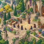 Witchbrook fecha de lanzamiento: patio de Witchbrook College en pixel art isométrico con estudiantes en una clase de magia