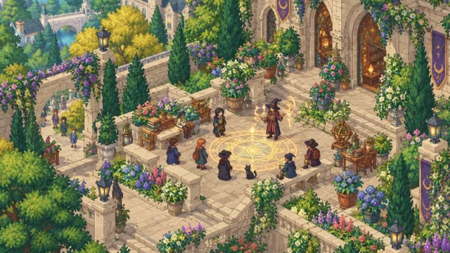 Witchbrook College: estudiantes de brujería durante una clase de magia al aire libre Witchbrook fecha de lanzamiento: patio de Witchbrook College en pixel art isométrico con estudiantes en una clase de magia