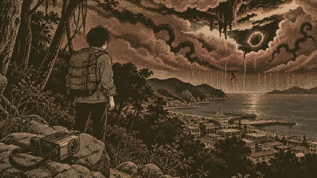 WORLD OF HORROR update 1-bit sepia pixel art showing a hiker overlooking a Japanese coastal town beneath a monstrous storm.
