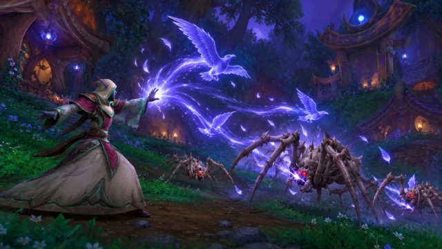 Illustration of Talebound's hooded Witch casting moonlight and glowing ravens at giant spiders in Greenthistle Wood