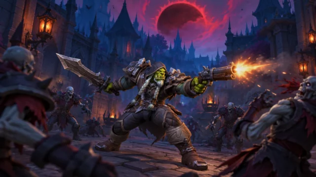 Ilustración del asesino orco de WoW Talebound con espada y pistola frente a no muertos en Refugioscuro bajo una luna roja